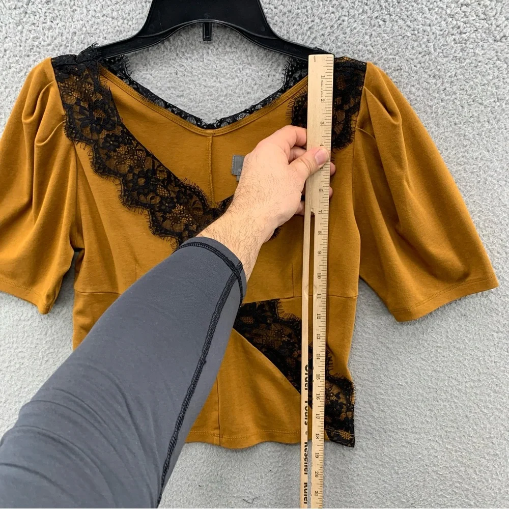 By Anthropologie Women Size S Mustard Lace Trim Top Blouse V-Neck Short Sleeve - Picture 5 of 11